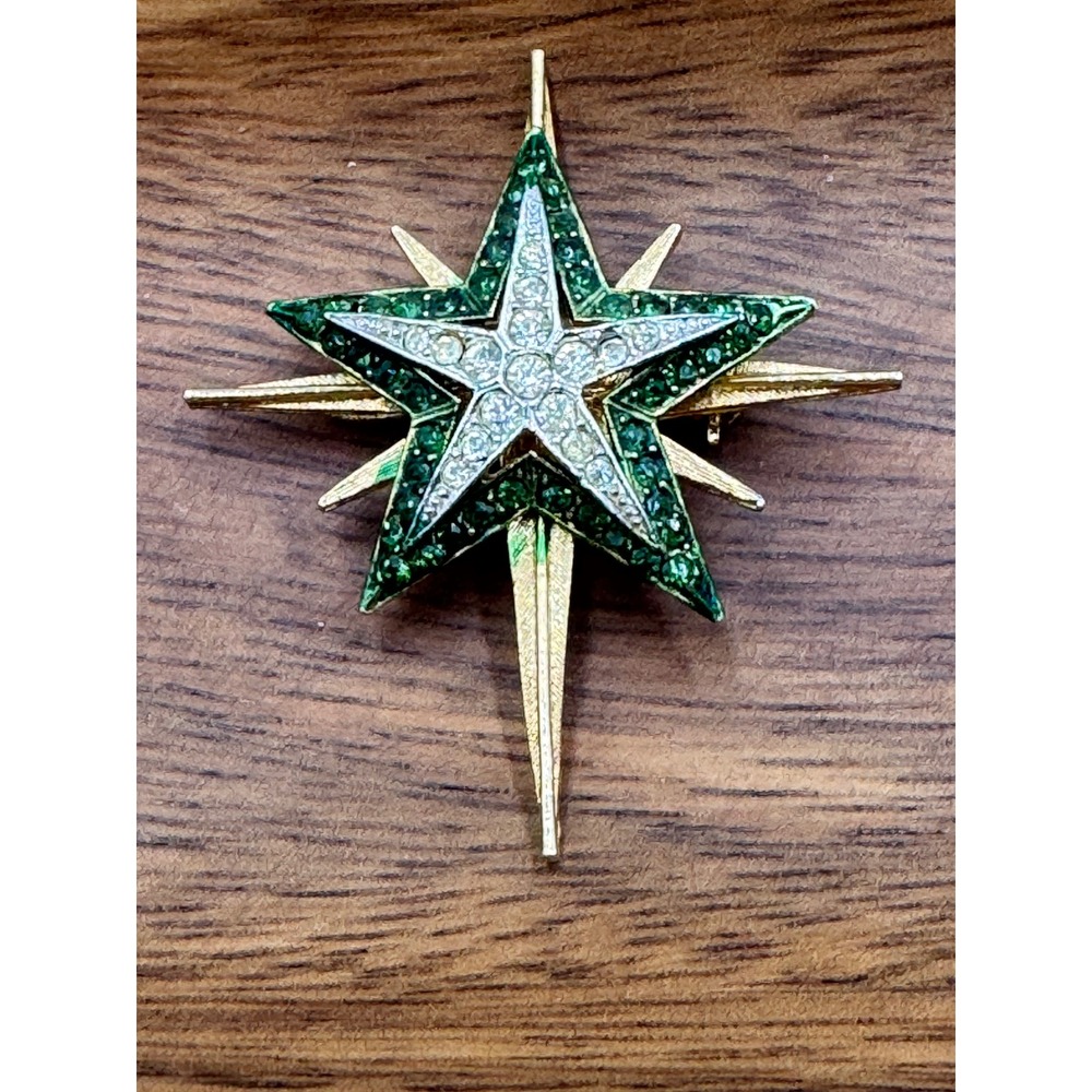 Vintage Arthur Star of Bethlehem Green Enamel Rhinestone pin